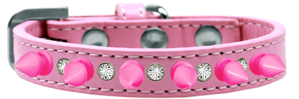 Crystal and Bright Pink Spikes Dog Collar Light Pink Size 16